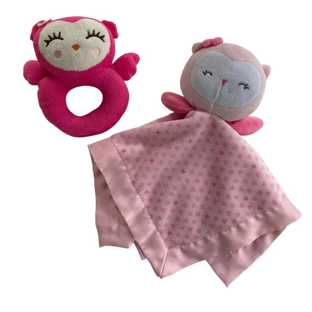 Lot - Carter’s Pink Owl Hearts 12" Security Lovey Blanket + 5" Owl Rattle